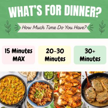 A square image with dinner recipe options based on how much time they take.