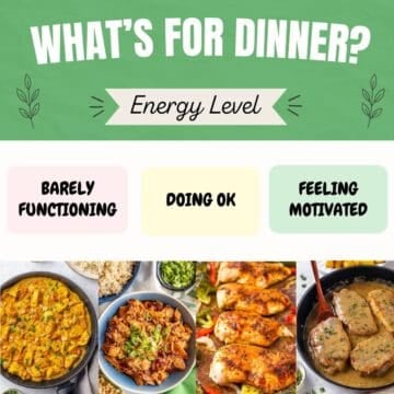 A square graphic with a What's For Dinner by Energy Level graphic and resulting recipe images.
