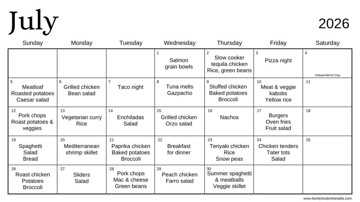 A July 2026 calendar with dinner ideas written in for every day of the week, with Saturdays blank.