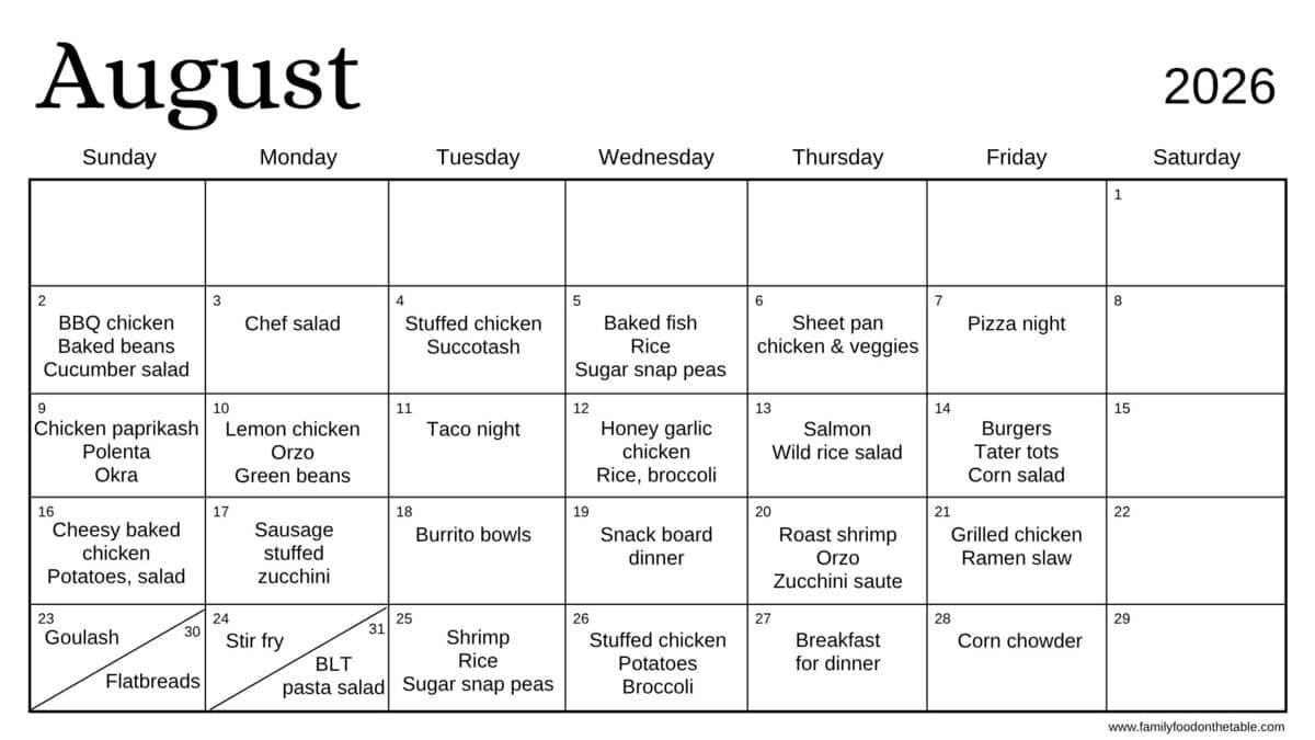 An August calendar with dinner ideas written in for every day with Saturdays blank.
