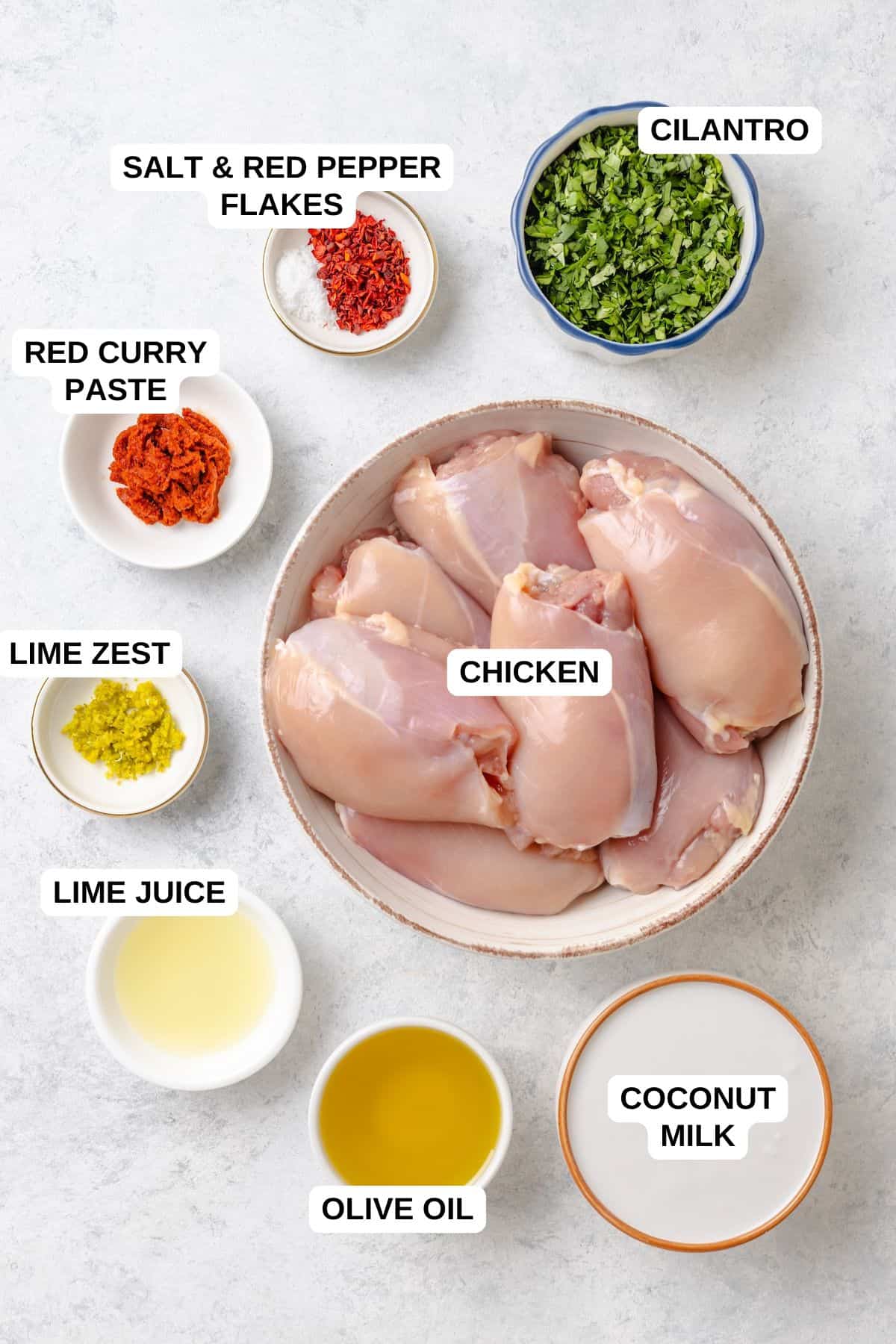 Ingredients in separate bowls for making a chicken recipe with a coconut lime curry marinade.