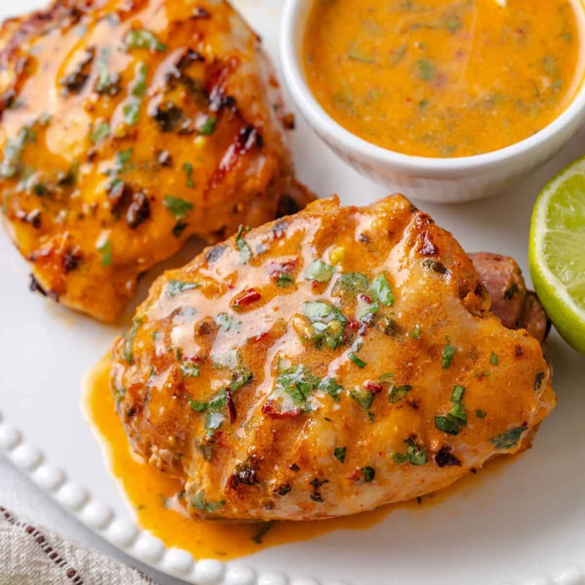 Close up of grilled chicken on a white platter with a coconut milk based curry and lime sauce drizzled on top with extra to the side.
