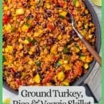 A spoon resting in a colorful skillet of ground meat with rice, beans and veggies with a green border and text around the photo.