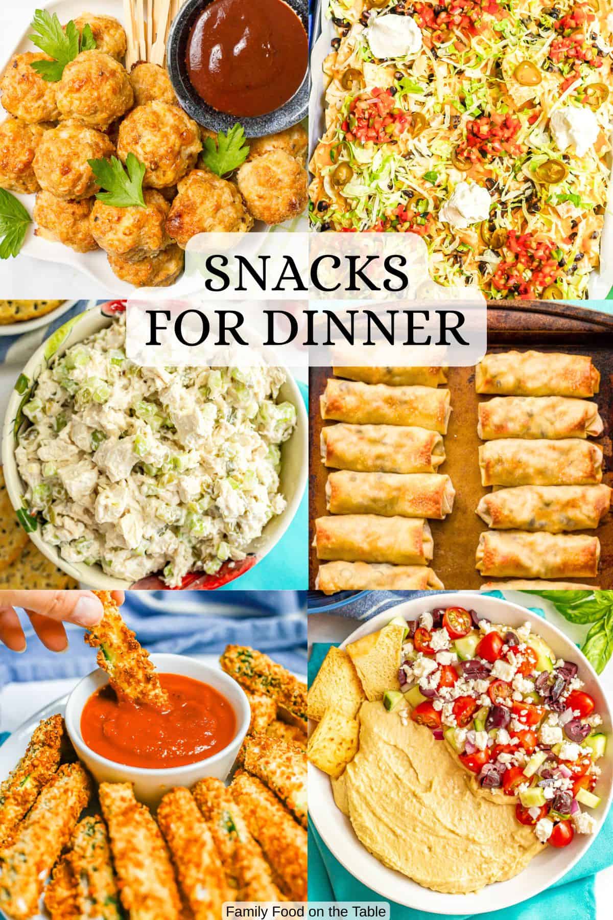 A collage of six different appetizers and snacks that can be served as a fun snack board dinner.