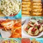 A collage of 10 different appetizers and snacks that can be served as a fun snack board dinner.