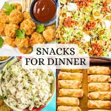 A collage of four different appetizers and snacks that can be served as a fun snack board dinner.