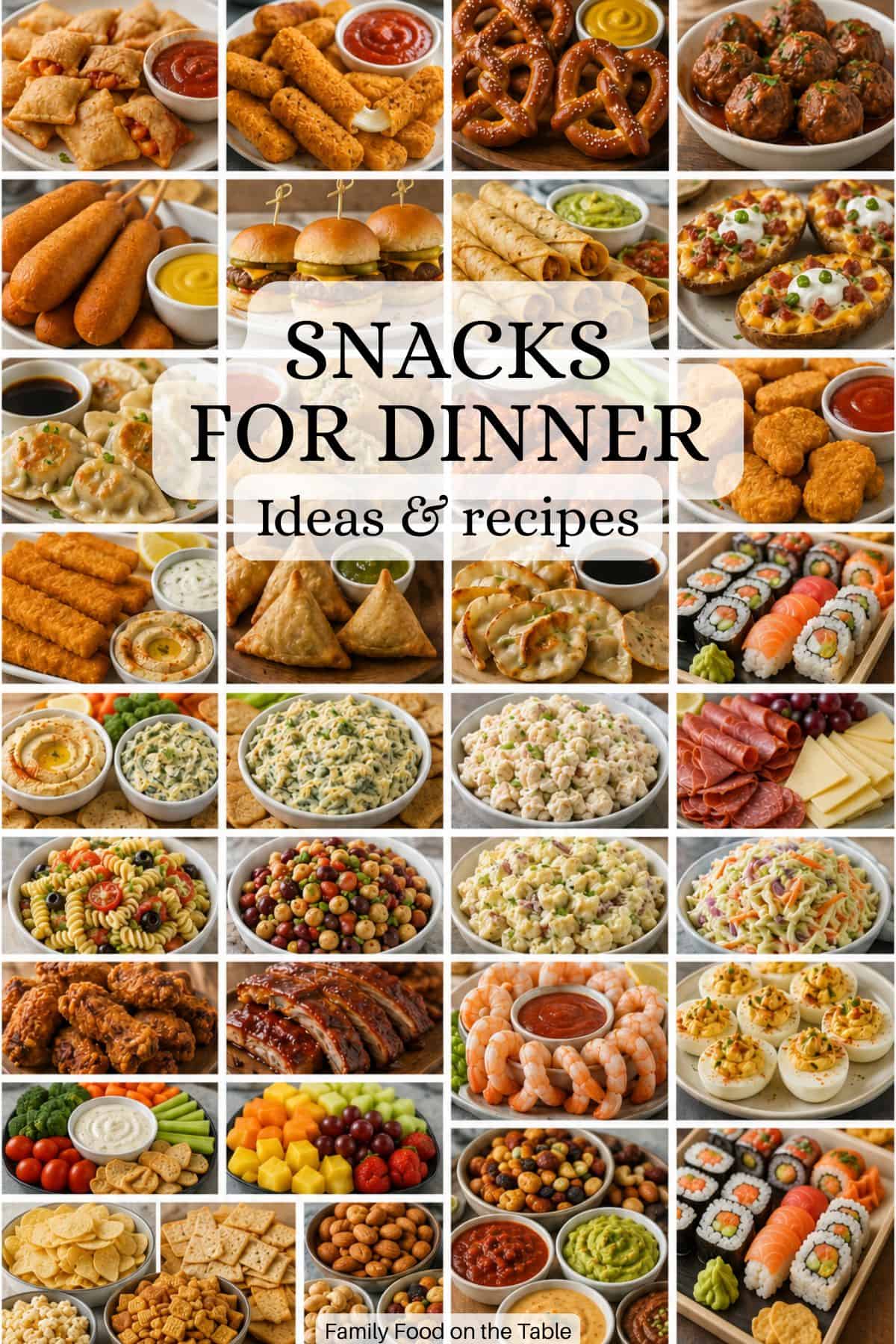 A collage of tons of different store bought snack and appetizer ideas for grouping and serving as a fun dinner.