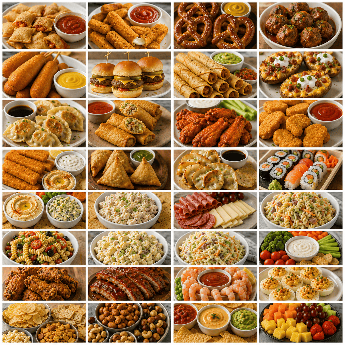 A collage of different prepared snacks and appetizers found at a grocery store.