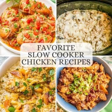 A collection of four different easy, healthy slow cooker dinner recipes using chicken with a text overlay in the middle.