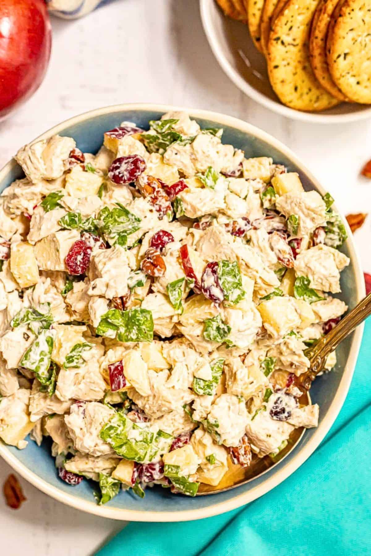 Harvest chicken salad with pecans, apples and dried cranberries is a delicious, crunchy, fresh fall twist on the classic! It's great served as a sandwich, wrap or with crackers or greens. #chickensalad #lunchrecipes #fallrecipes #lunchtime #chickenrecipes A blue bowl full of chicken salad with pecans, spinach, dried cranberries and apples.