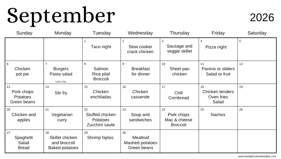 A September 2026 calendar with dinner ideas written in for every day of the week, with Saturdays blank.