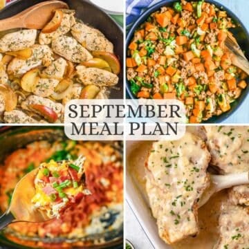 A square collage of four different family dinner ideas with a text overlay in the middle.