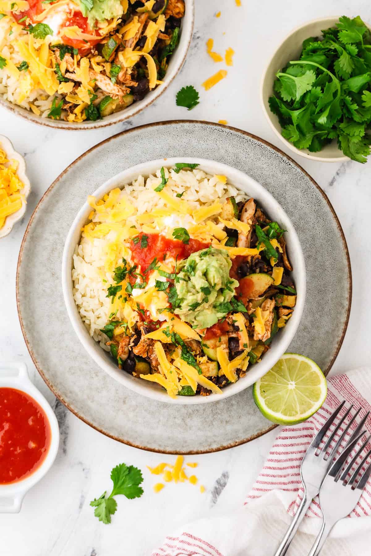 Rice bowls with a chicken, black bean and zucchini mixture and cheese, salsa and guac on top.