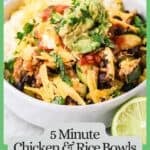 A white bowl with rice alongside a chicken, black bean and zucchini mixture and cheese, salsa and guac on top and a green border and text around the photo.