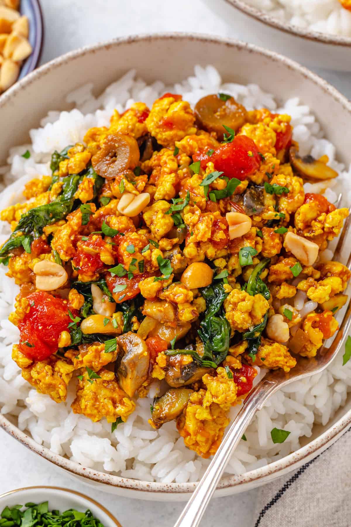 A fork resting in a bowl with steamed rice topped with a curried ground chicken mixture with tomatoes, spinach and mushrooms with cilantro and peanuts on top.