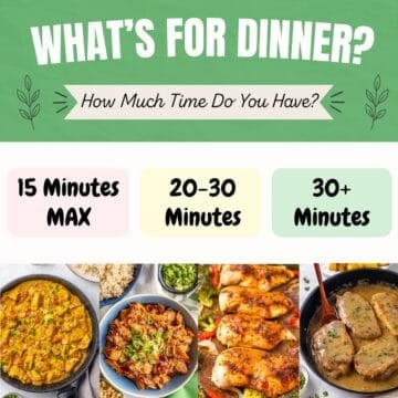 A square image with dinner recipe options based on how much time they take.
