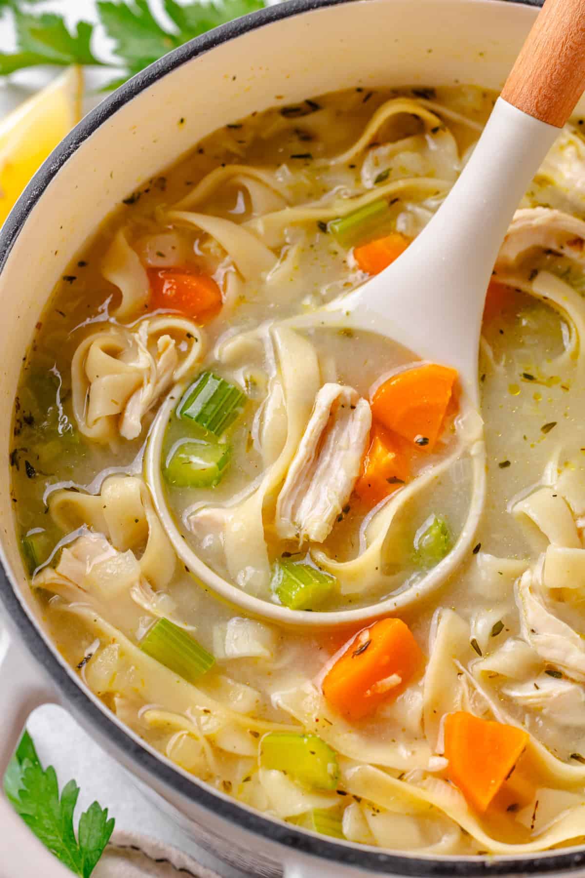 A white ladle lifting a scoop of chicken noodle soup with egg noodles and rotisserie chicken from a stock pot.