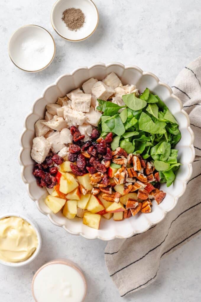 A large fluted bowl with separate piles of cooked chicken, chopped spinach, pecans, apple chunks and dried cranberries before being stirred together.