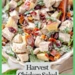 Close up of a chicken salad mixture with apples, pecans and spinach in a large fluted bowl with a wooden spoon resting in it with a green border and text around the photo.