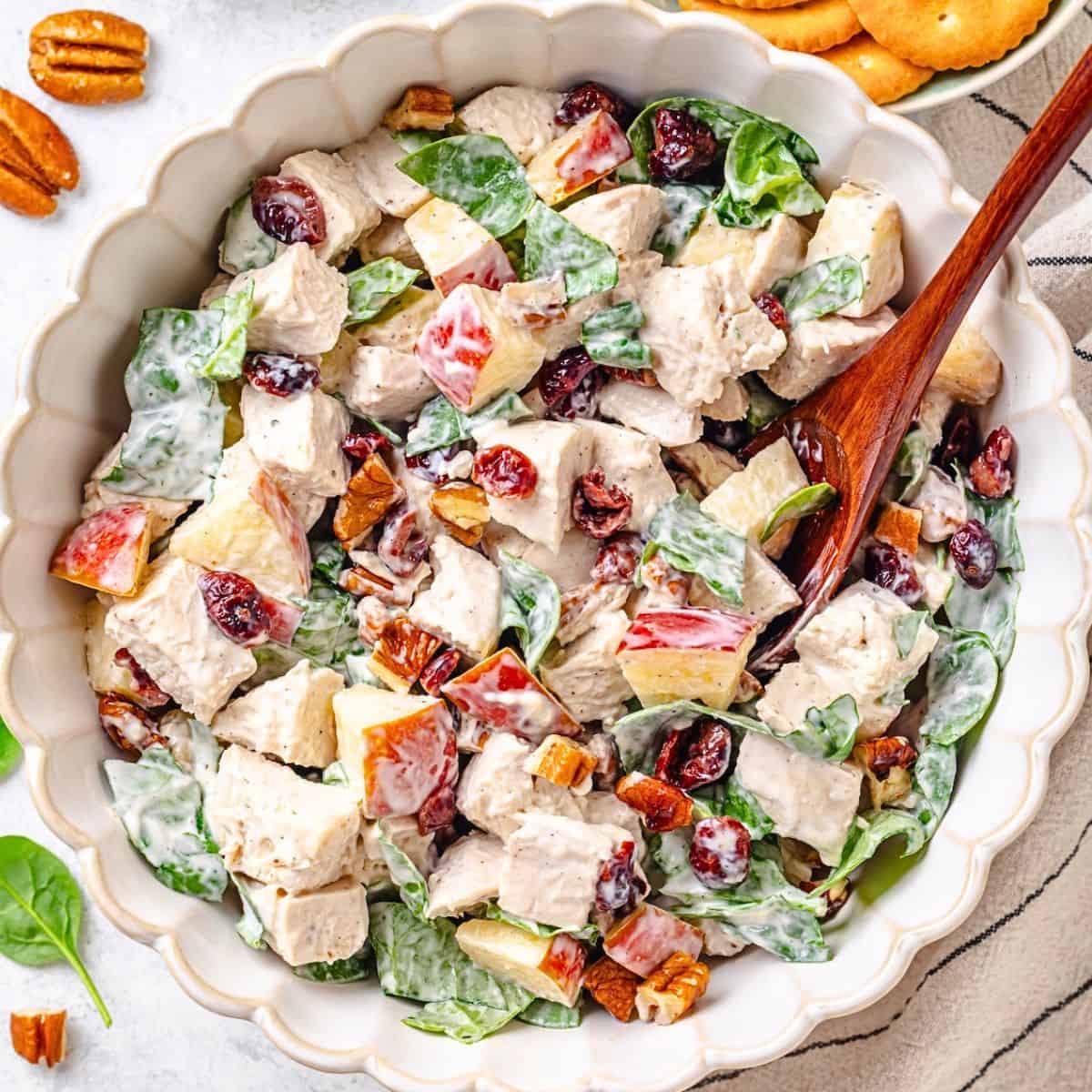 Close up of a spoon resting in a large fluted serving bowl filled with a harvest chicken salad with apples and pecans with bowls of pecans and crackers nearby.