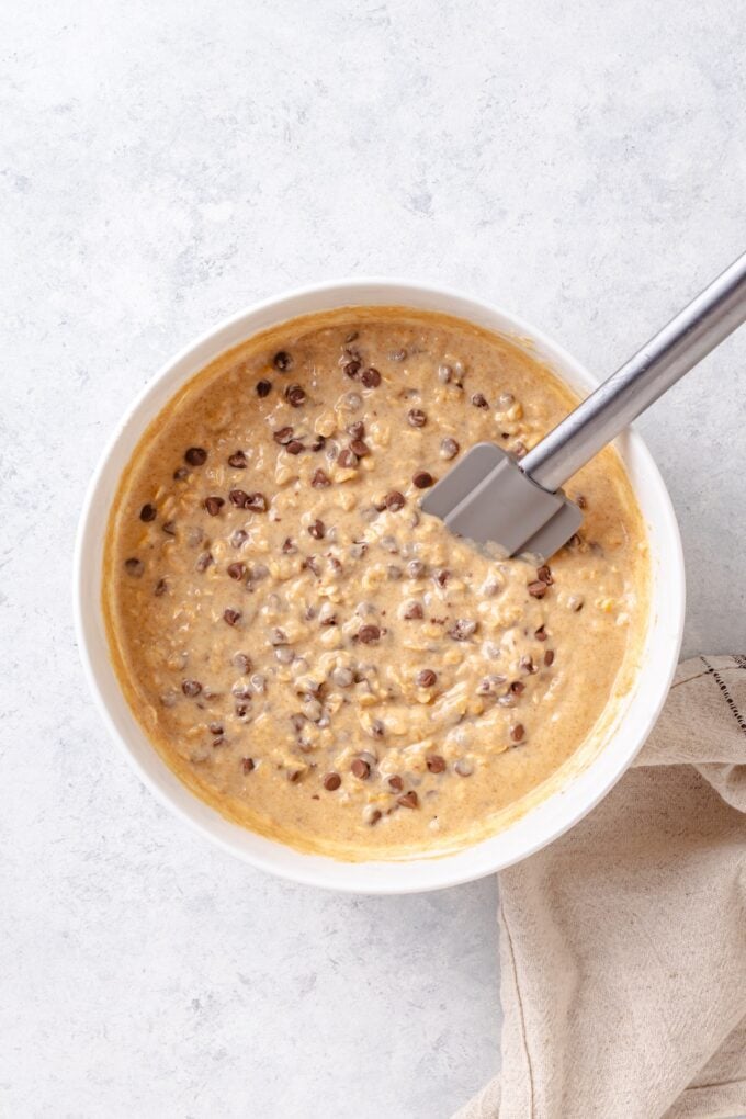 A white bowl with chocolate chip muffin batter being mixed together and a spatula resting in it.