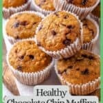 Chocolate chip oatmeal muffins stacked on each other on a wood tray with a green border and text around the photo.