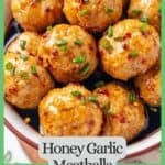 A bowl full of baked turkey meatballs in a honey garlic sauce with sliced green onions sprinkled on top with a green border and text around the photo.