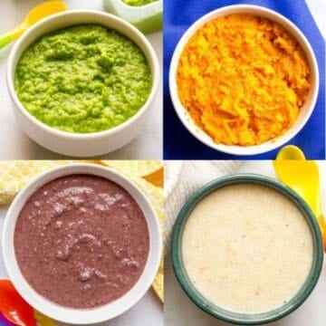 A collage of four different homemade baby food purees in bowls.
