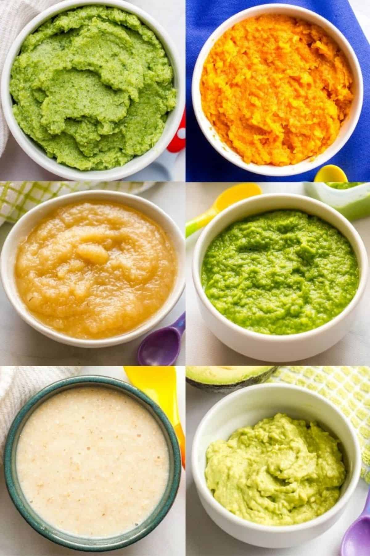 A complete guide to making homemade baby food purees, including how to get started, how to store them and detailed instructions on making 10 favorite beginner purees. A collage of six different homemade baby food purees in bowls.