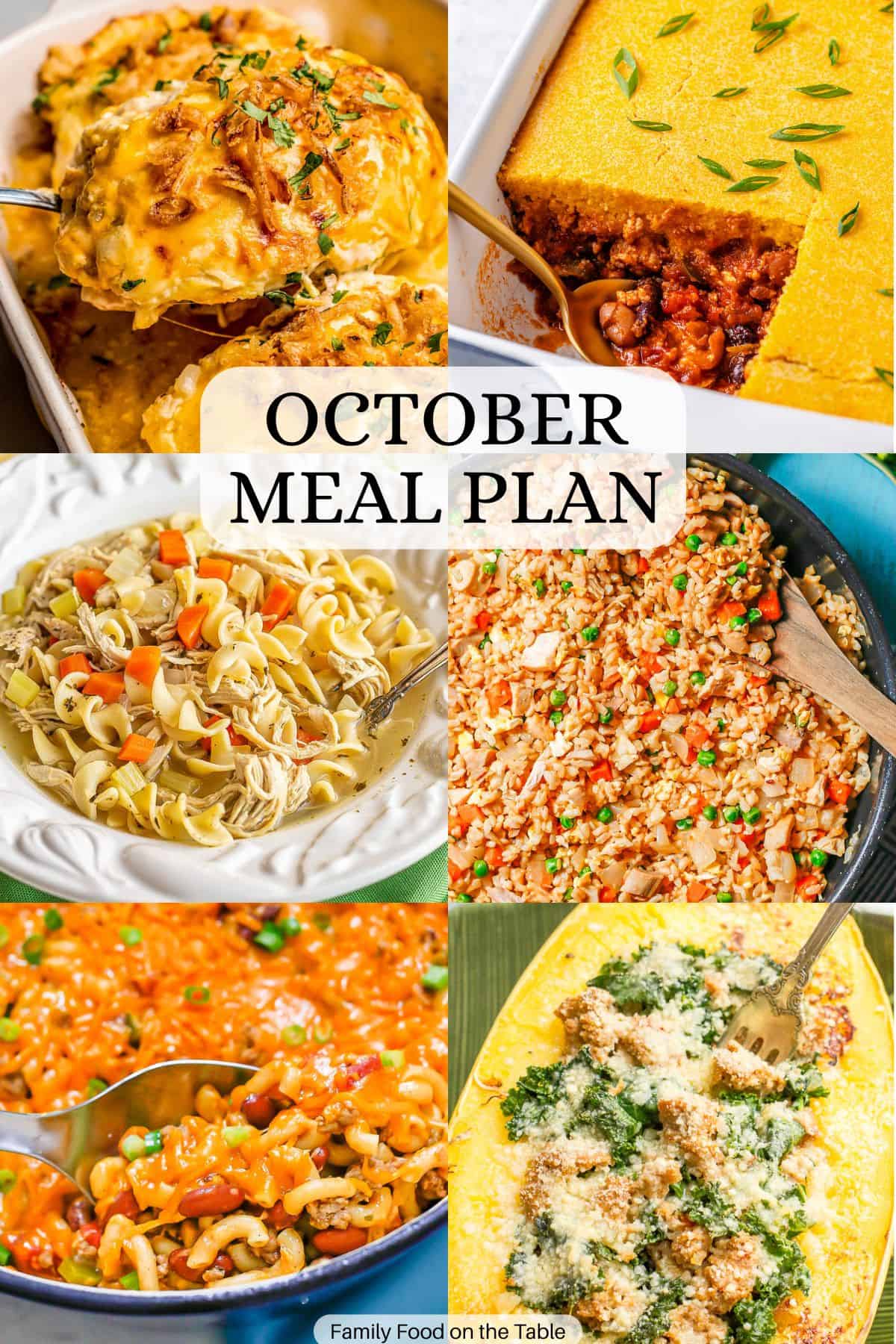 A collage of six different dinner ideas with a text overlay for an October meal plan in the middle.