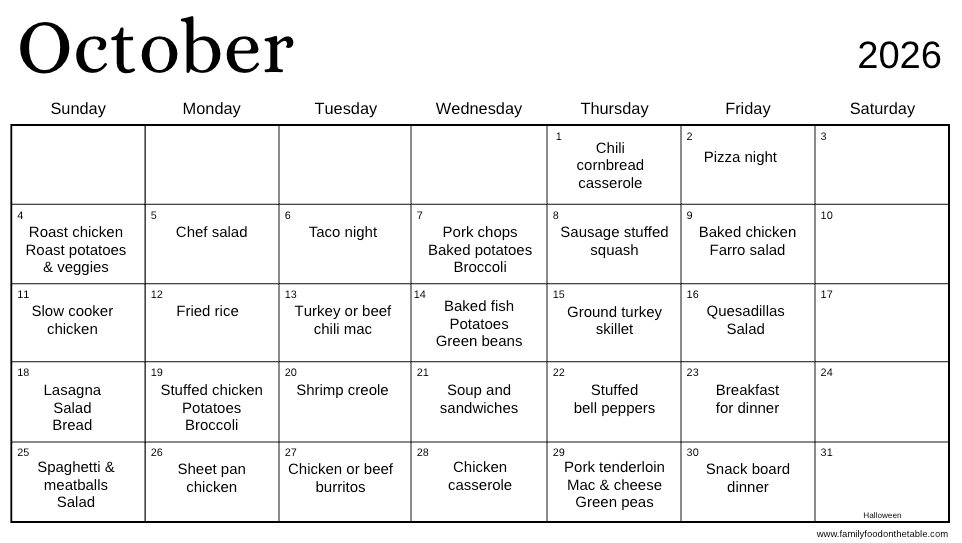 An October 2026 calendar with dinner ideas written in for each day of the week, with Saturdays blank.
