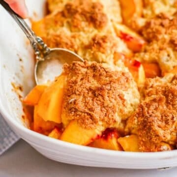 Close up of a scoop of peach cobbler being lifted from a white rectangular baking dish.