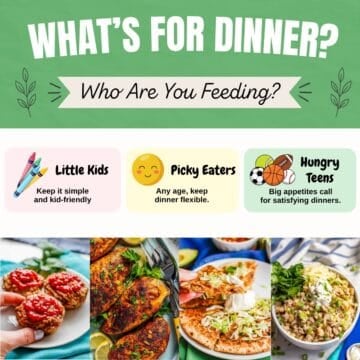 A collage graphic matching dinners based on who you are cooking for.