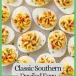 Deviled eggs topped with crumbled bacon, chives, and paprika, with a text overlay reading Classic Southern Deviled Eggs, perfect for potlucks and holidays.