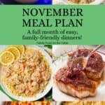 A collage of six different dinner ideas with a green text box in the middle reading November meal plan.