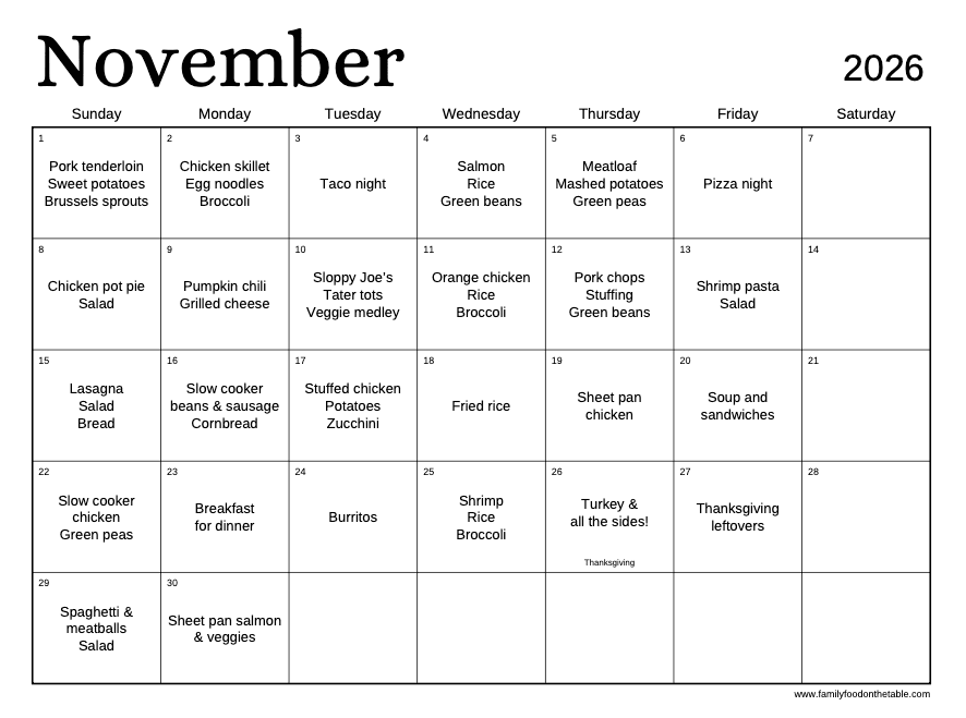 A November 2026 calendar with dinner ideas written in for each day of the week, with Saturdays blank.