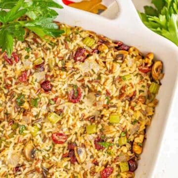 Wild rice dressing after being baked in the oven